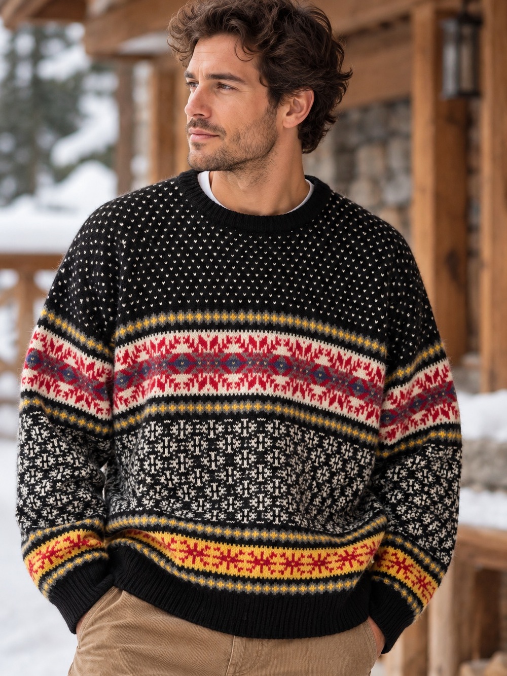 Vintage 90s IZOD 100% Wool Fair Isle Nordic Ski Sweater Men's XL Black